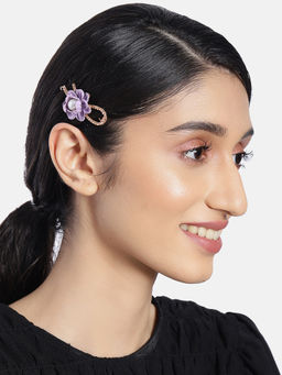 Accessher - Gold Toned Purple Embellished Floral Tic Tac Hair Clip Handcrafted For Girls And Women