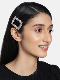 Accessher - Women Grey Beaded Bumpit Hair Pin Crocodile Hairpin Tic Tac Hair Clip For Women And Girls