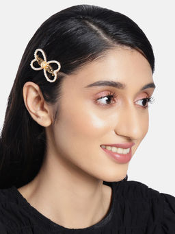 Accessher - White Gold Toned Pearl Beaded Embellished French Barrette Back Hair Clip For Women