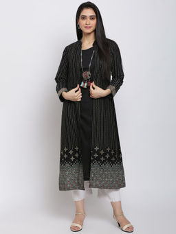 Biba - Black Stripes Kurta & Jacket With Necklace (Set of 3)