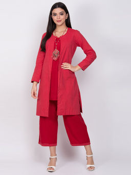 Biba - Red Solid Kurta With Pant & Shrug and Necklace (Set of 4)