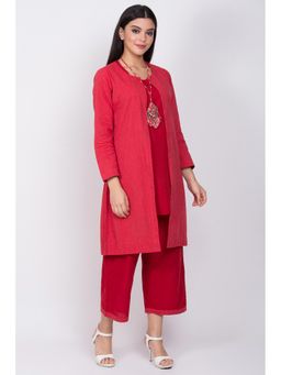 Biba - Red Solid Kurta With Pant & Shrug and Necklace (Set of 4)