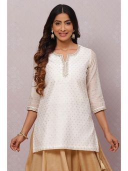 Biba - Off White Straight Art Silk Short Kurtis