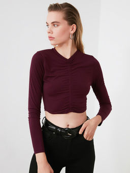Trendyol - Maroon Solid Casual Crop Top