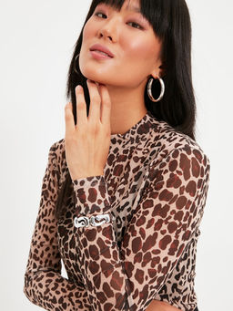 Trendyol - Brown Animal Print High Neck Top