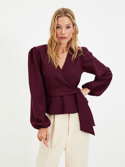 Trendyol - Burgungy Balloon Sleeves V Neck Ruffled Top