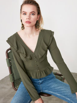 Trendyol - Khaki Detailing Casual Top
