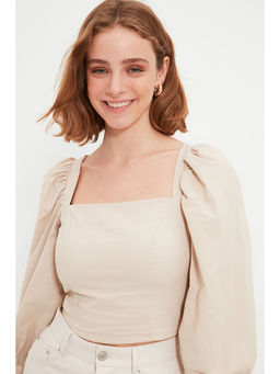 Trendyol - Beige Balloon Sleeves Square Neck Sweatshirt