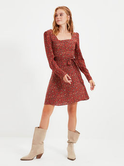 Trendyol - Maroon Square Neck Mini Dress With Belt