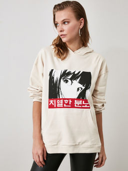 Trendyol - Beige Printed Casual Sweatshirt