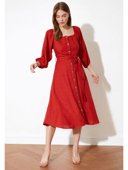 Trendyol - Red Square Neck Midi Dress With Belt