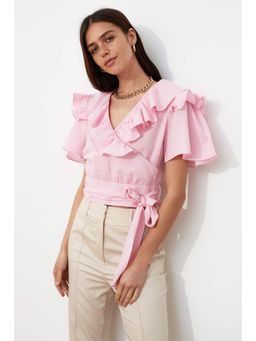 Trendyol - Women'S Pink Solid/Plain Pattern Tops With Belt