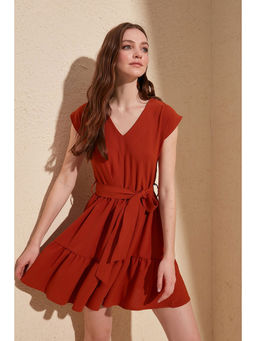 Trendyol - Maroon Ruffled Mini Dress With Belt (34)