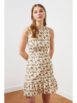 Trendyol - Beige Sleeveless Floral Print Mini Dress