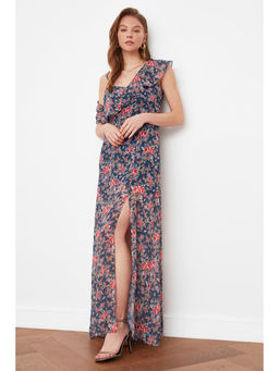 Trendyol - Navy Blue Floral Print Slit Maxi Dress