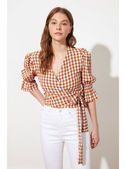 Trendyol - Beige Balloon Sleeves Plunging V Neck Top