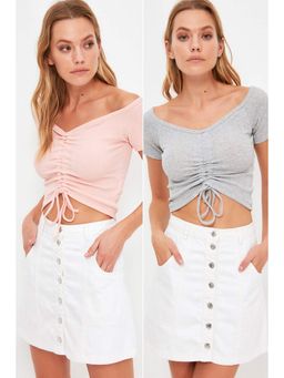 Trendyol - Women'S Navy-Blue Solid/Plain Pattern T-Shirts (Set Of 2)