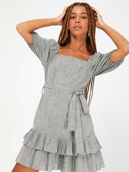 Trendyol - Grey Square Neck Balloon Sleeves Mini Dress With Belt