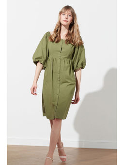 Trendyol - Olive Balloon Sleeves Mini Dress -34
