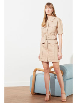 Trendyol - Beige Collar Neck Half Sleeves Mini Dress With Belt