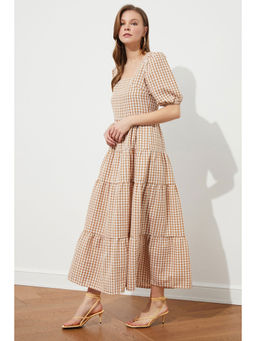 Trendyol - Beige Checked Square Neck Midi Dress