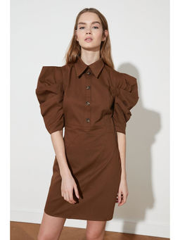 Trendyol - Brown Solid Puff Sleeves Mini Dress