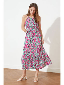 Trendyol - White Floral Print Halter Neck Midi Dress -34