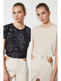 Trendyol - Women'S Beigie-Multicolor Solid/Plain Pattern T-Shirts (Set Of 2)