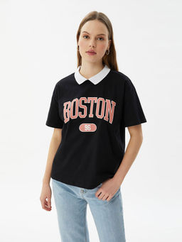 Trendyol - Black Printed Collar Neck Boxy Fit T shirt