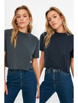 Trendyol - Women'S Navy-Grey Solid/Plain Pattern T-Shirts