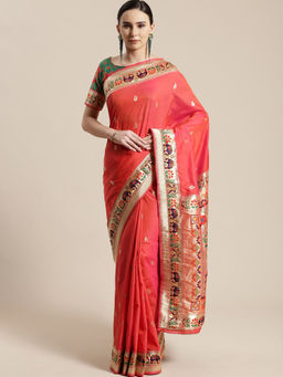 Sareemall - Peach Silk Embroidered Saree with Unstitched Blouse