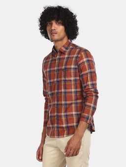 U.S. POLO ASSN. - Men Rust Chest Patch Pocket Check Casual Shirt