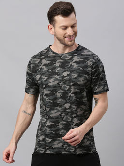 Urbano Fashion - Men Grey Military Camouflage Printed Slim Fit Cotton T-Shirt