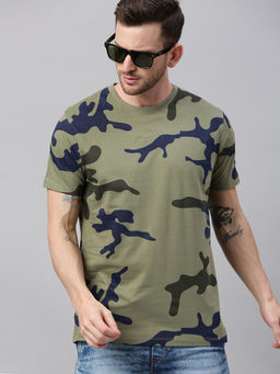 Urbano Fashion - Men Green Military Camouflage Printed Half Sleeve Slim Fit Cotton T-Shirt