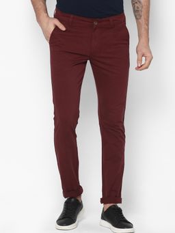 Urbano Fashion - Men Wine Cotton Slim Fit Casual Chinos Trousers Stretch