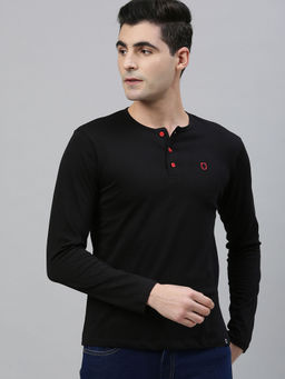 Urbano Fashion - Men Black Solid Henley Neck Cotton T-Shirt