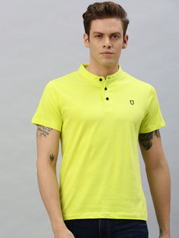 Urbano Fashion - Men Lemon Yellow Solid Mandarin Collar Cotton T-Shirt