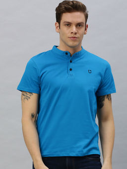 Urbano Fashion - Men Sky Blue Solid Mandarin Collar Cotton T-Shirt
