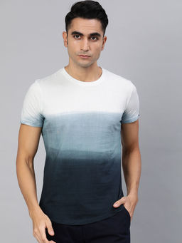 Urbano Fashion - Men Blue Cotton Ombre Dyed Slim Fit T-Shirt