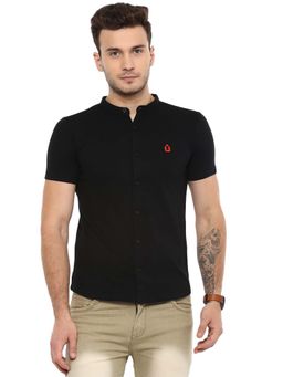 Urbano Fashion - Men Black Cotton Slim Fit Polo Shirt With Mandarin Collar