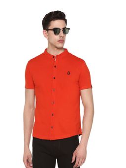 Urbano Fashion - Men Orange Cotton Slim Fit Polo Shirt With Mandarin Collar