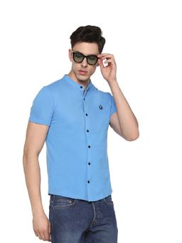 Urbano Fashion - Men Sky Blue Cotton Slim Fit Polo Shirt With Mandarin Collar