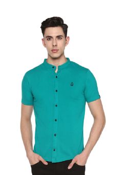 Urbano Fashion - Men Teal Green Cotton Slim Fit Polo Shirt With Mandarin Collar