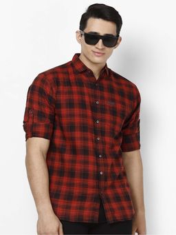 Urbano Fashion - Men Red Cotton Full Sleeve Checkered Shirt