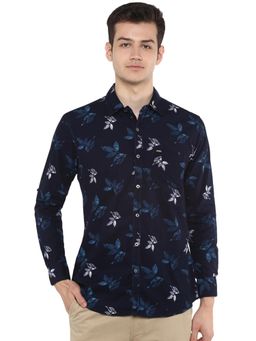 Urbano Fashion - Men Navy Blue Cotton Full Sleeve Slim Fit Casual Printed Shirt