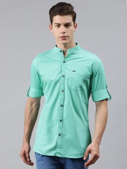 Urbano Fashion - Men Aqua Blue Cotton Full Sleeve Casual Shirt With Mandarin Collar Slim Fit