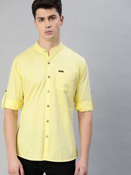 Urbano Fashion - Men Lemon Yellow Cotton Full Sleeve Casual Shirt With Mandarin Collar Slim Fit