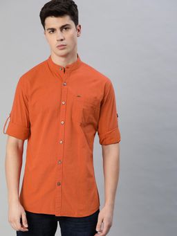 Urbano Fashion - Men Rust Cotton Full Sleeve Casual Shirt With Mandarin Collar Slim Fit