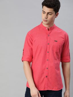 Urbano Fashion - Men Tomato Red Cotton Full Sleeve Casual Shirt With Mandarin Collar Slim Fit