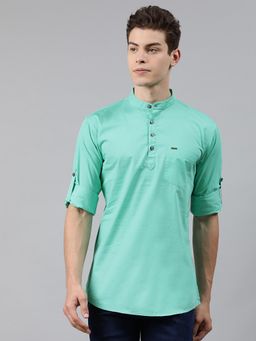Urbano Fashion - Men Aqua Blue Cotton Full Sleeve Casual Shirt With Mandarin Collar Slim Fit